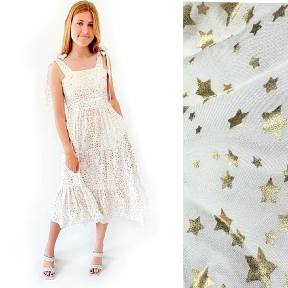 Emily McCarthy Gold Foil Star Print Bow Shoulder Tiered Midi Dress in White Sm